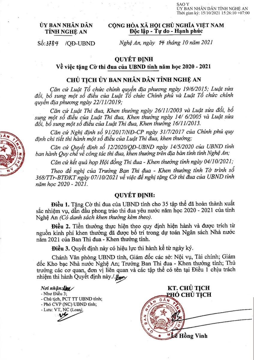 Quyết định số 3784/QĐ-UBND ngày 14/10/2021 của UBND tỉnh Nghệ An Vv tặng cờ thi đua của UBND tỉnh năm học 2020 - 2021