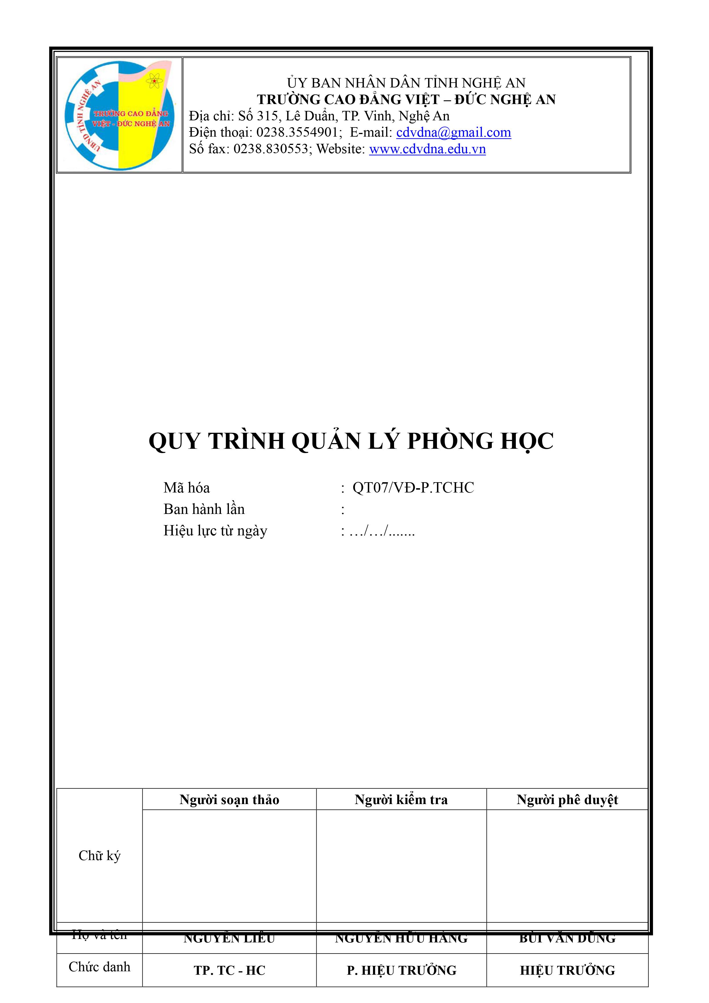  Quy trình quản lý phòng học - QT07/VĐ-P.TCHC