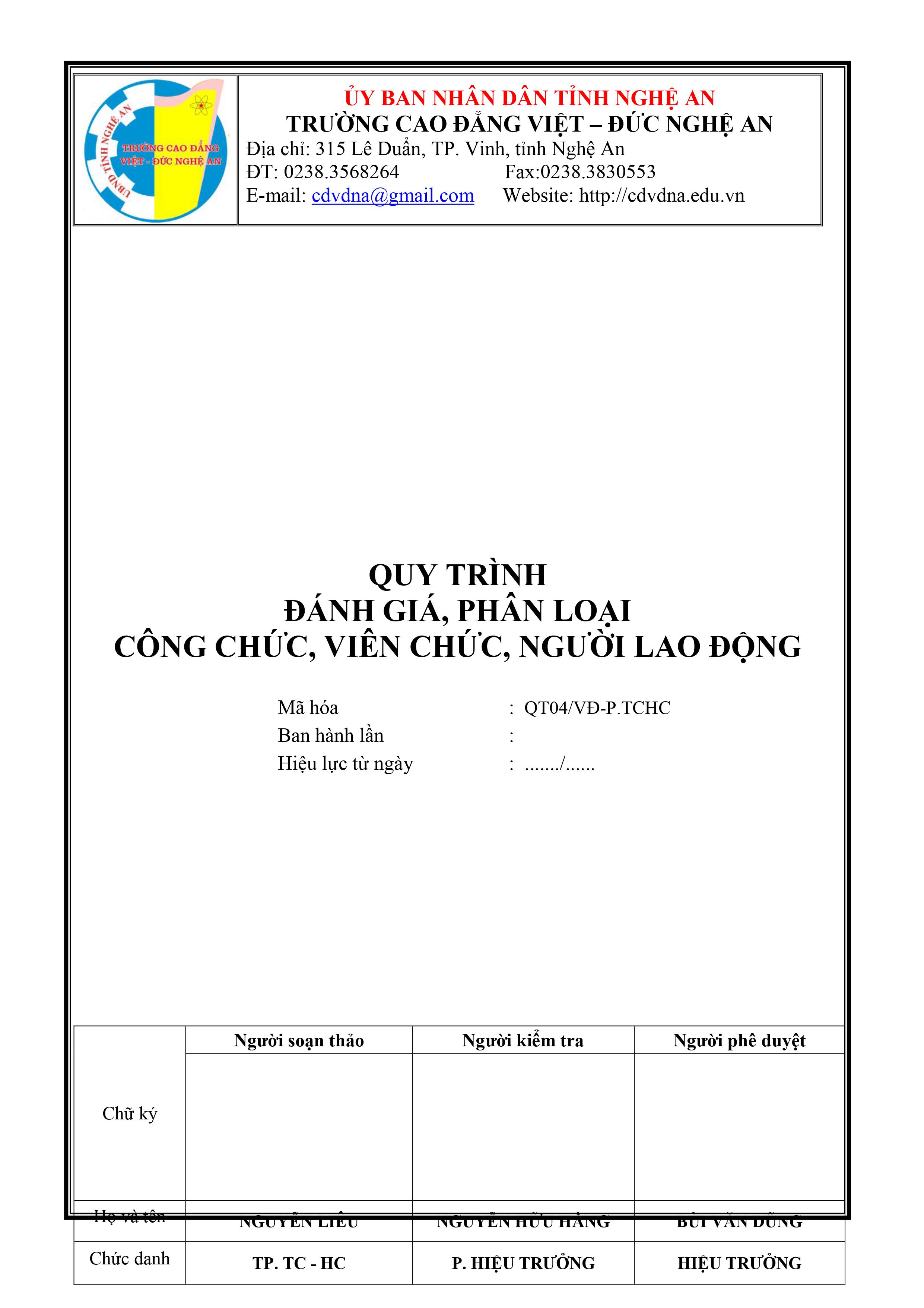 Quy trình đánh giá, phân loại công chức, viên chức, người lao động - QT04/VĐ-P.TCHC