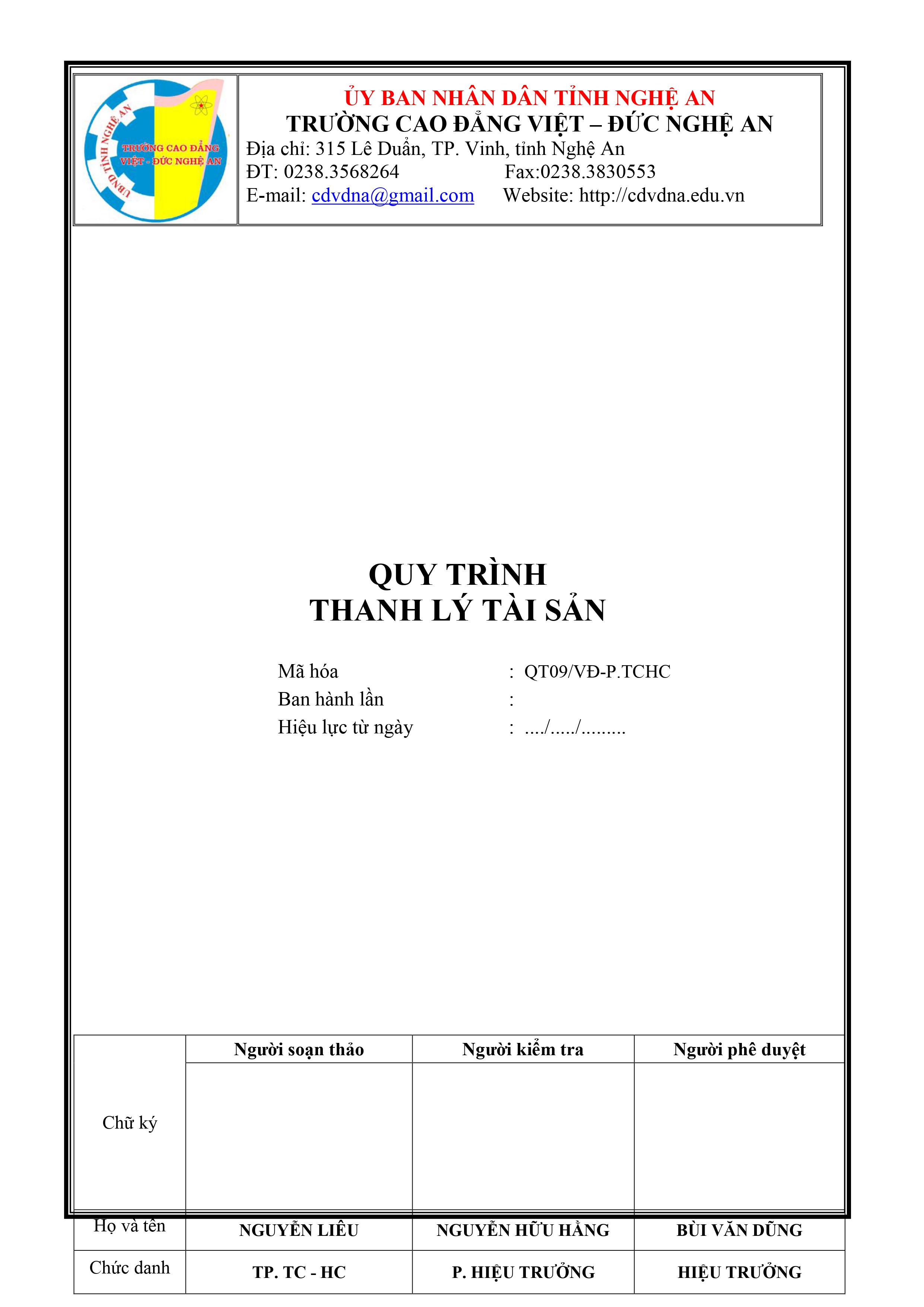  Quy trình thanh lý tài sản - QT09/VĐ-P.TCHC