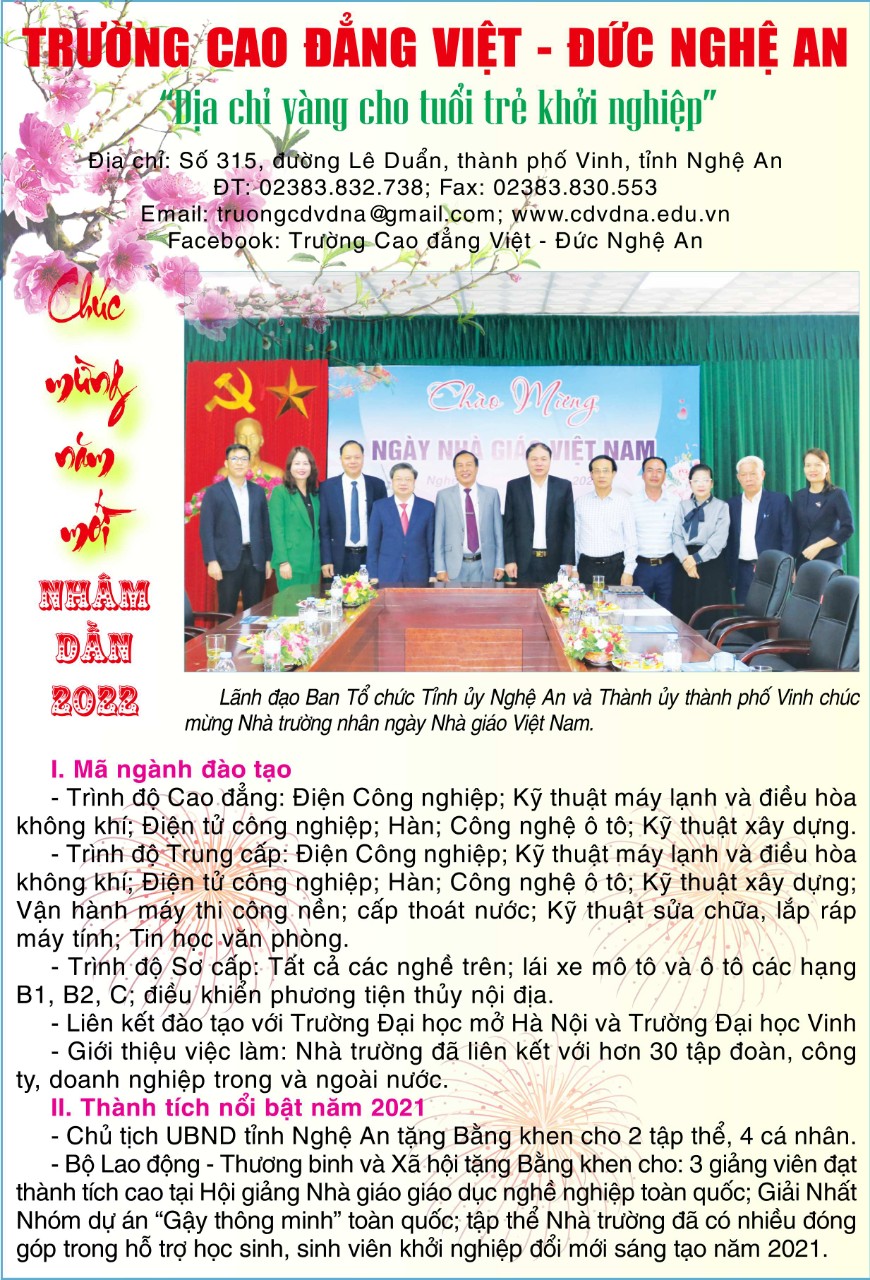Trường Cao đẳng Việt - Đức Nghệ An - Địa chỉ vàng cho tuổi trẻ khởi nghiệp!
