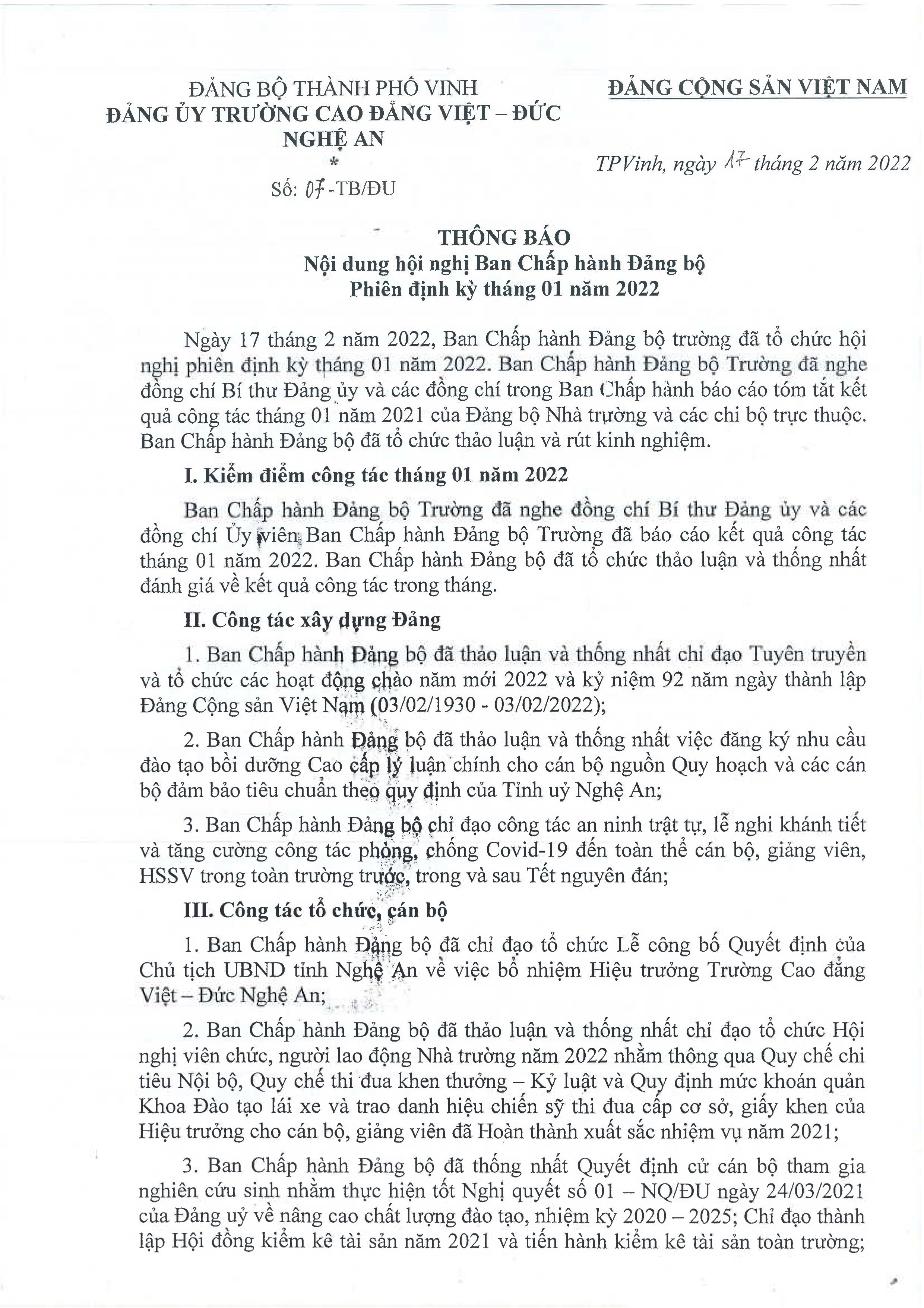 Thông báo số 07-TB/ĐU ngày 17/02/2022 của Đảng ủy Trường Cao đẳng Việt - Đức Nghệ An về Nội dung Hội nghị Ban Chấp hành Đảng bộ phiên định kỳ tháng 01 năm 2022