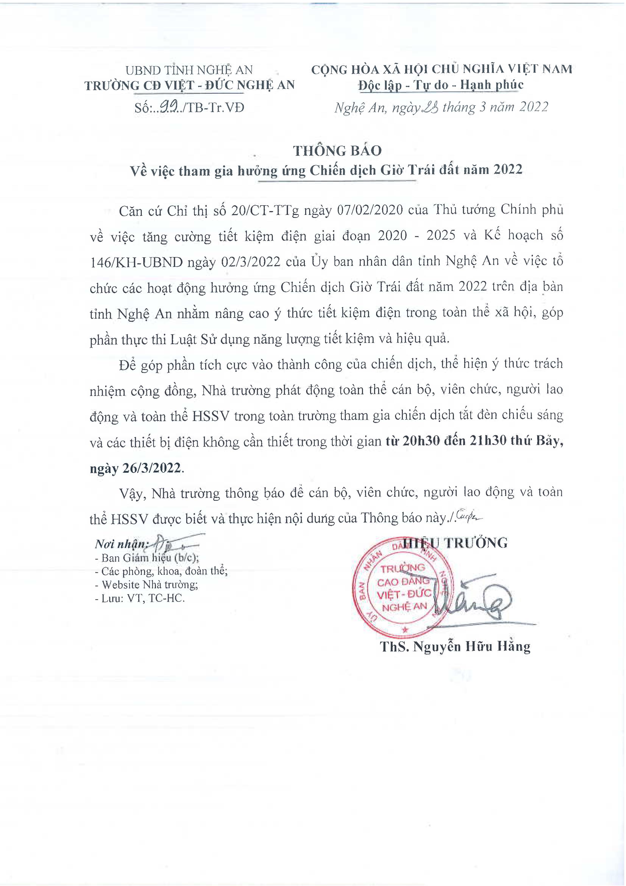 Thông báo số 99/TB-Tr.VĐ ngày 23/3/2022 của Trường Cao đẳng Việt - Đức Nghệ An về việc tham gia hưởng ứng Chiến dịch Giờ Trái đất năm 2022