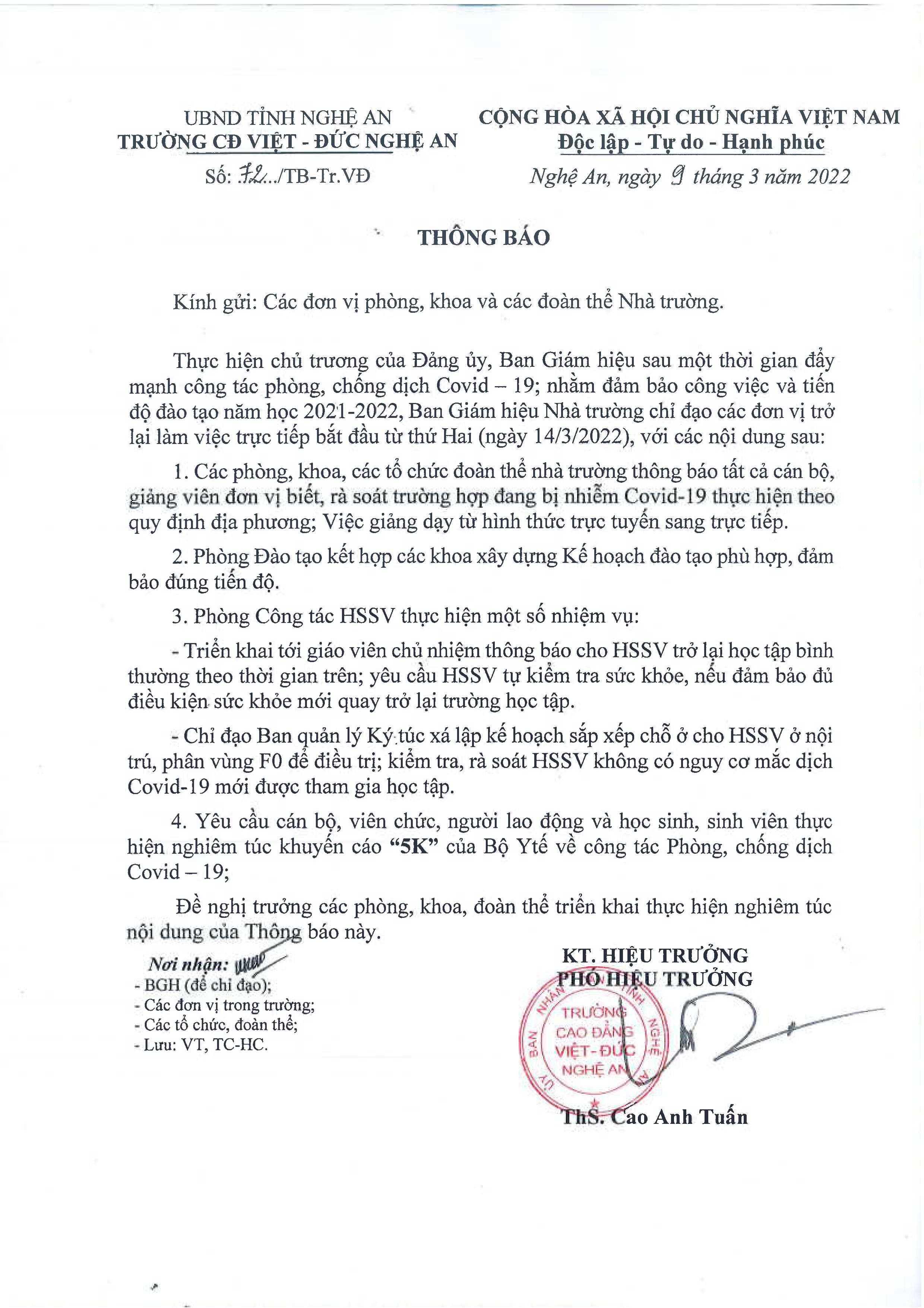 Thông báo số 72/TB-Tr.VĐ ngày 09/3/2022 của Trường Cao đẳng Việt - Đức Nghệ An gửi các đơn vị phòng, khoa và các đoàn thể Nhà trường