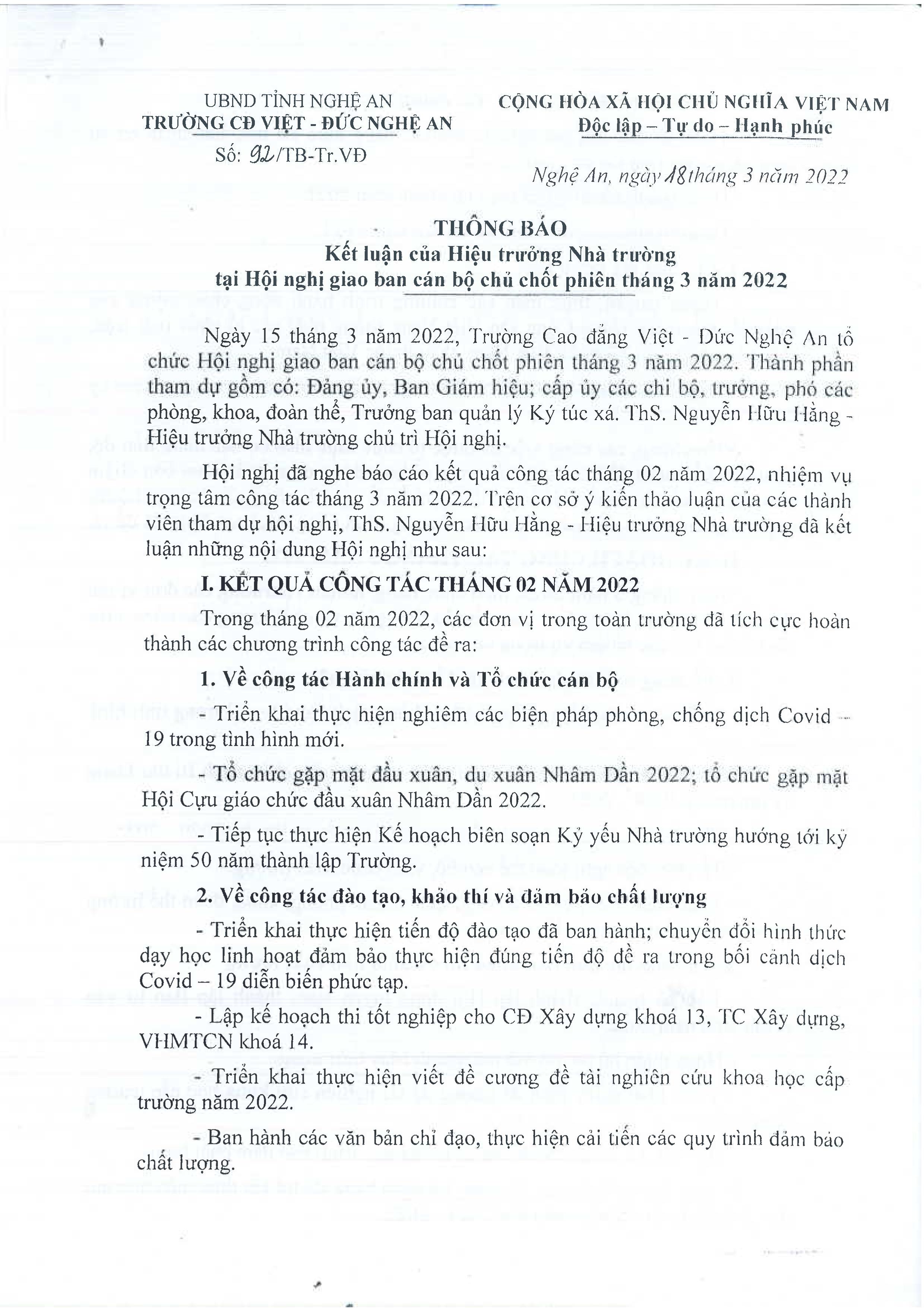 Thông báo số 92/TB-Tr.VĐ ngày 18/3/2022 của Trường Cao đẳng Việt - Đức Nghệ An về Kết luận của Hiệu trưởng Nhà trường tại Hội nghị Giao ban cán bộ chủ chốt phiên tháng 3 năm 2022