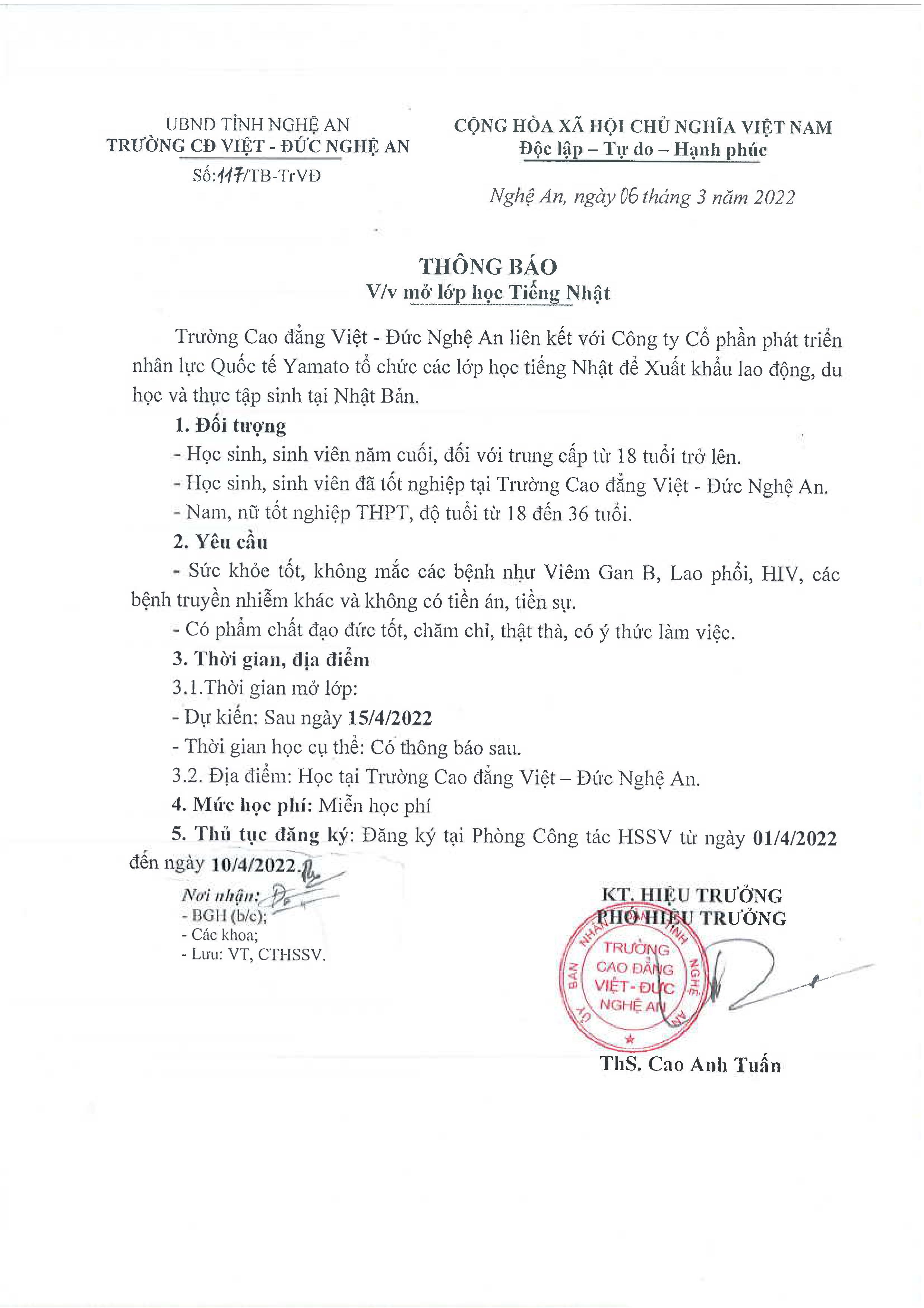 Thông báo số 117/TB-Tr.VĐ ngày 06/3/2022 của Trường Cao đẳng Việt - Đức Nghệ An về việc mở lớp học tiếng Nhật