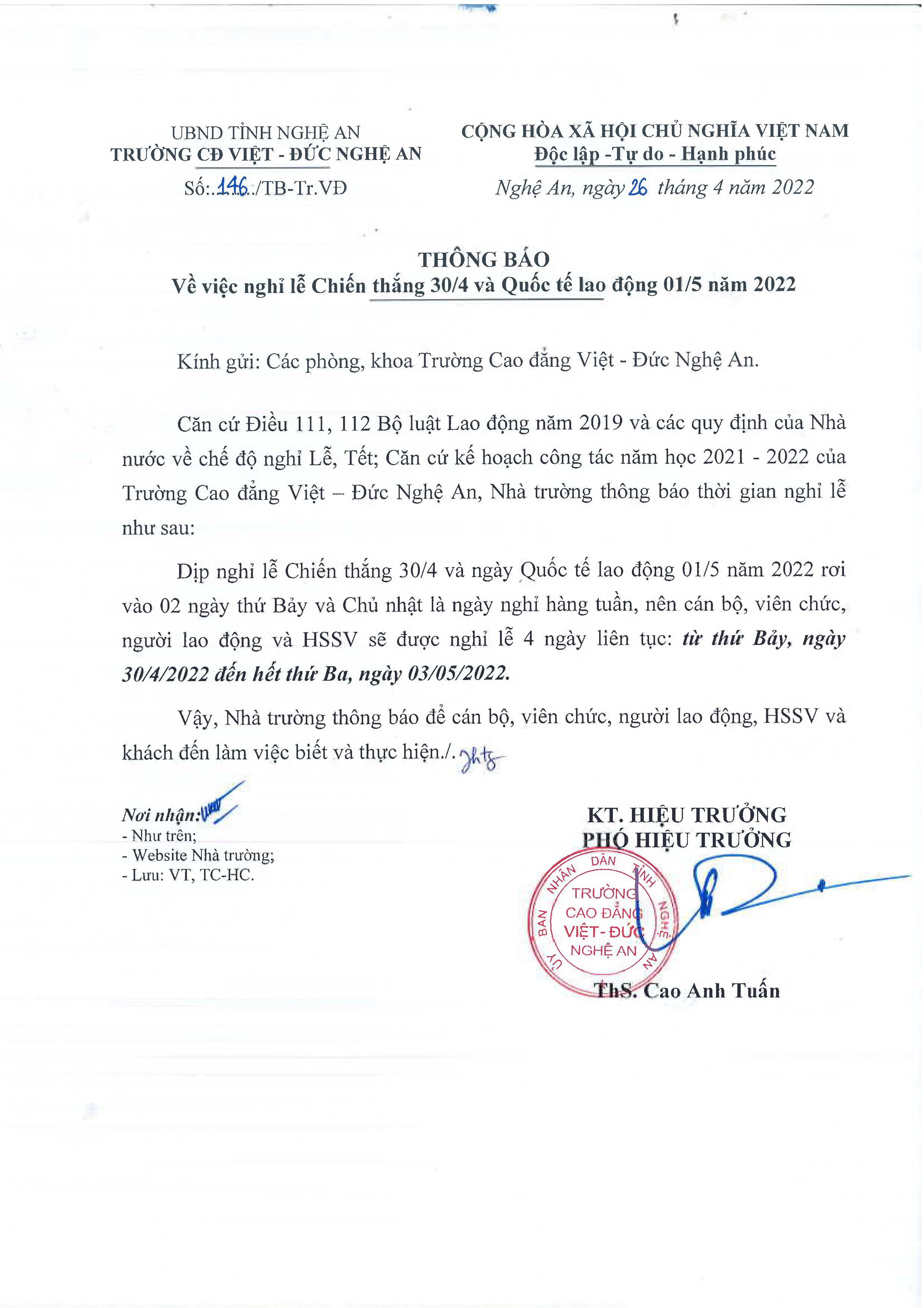 Thông báo số 146/TB-Tr.VĐ ngày 26/4/2022 của Trường Cao đẳng Việt - Đức Nghệ An về việc nghỉ Lễ Chiến thắng 30/4 và Quốc tế Lao động 01/5 năm 2022