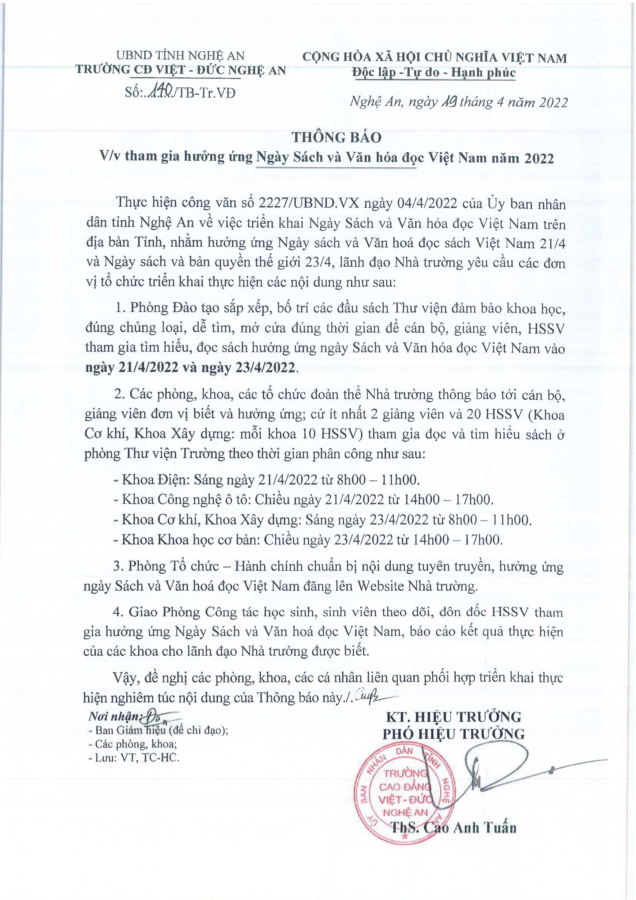  Thông báo số 140/TB-Tr.VĐ ngày 19/4/2022 của Trường Cao đẳng Việt - Đức Nghệ An về việc tham gia hưởng ứng Ngày sách và Văn hóa đọc Việt Nam năm 2022