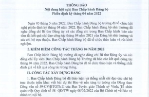 Thông báo số 26-TB/ĐU ngày 05/5/2022 của Đảng ủy Trường Cao đẳng Việt - Đức Nghệ An về nội dung Hội nghị Ban Chấp hành Đảng bộ phiên định kỳ tháng 4 năm 2022