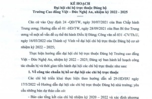 Kế hoạch số 33-KH/ĐU ngày 30/5/2022 của Đảng ủy Trường Cao đẳng Việt - Đức Nghệ An về Kế hoạch Đại hội Chi bộ trực thuộc Đảng bộ Trường Cao đẳng Việt - Đức Nghệ An, nhiệm kỳ 2022 - 2025
