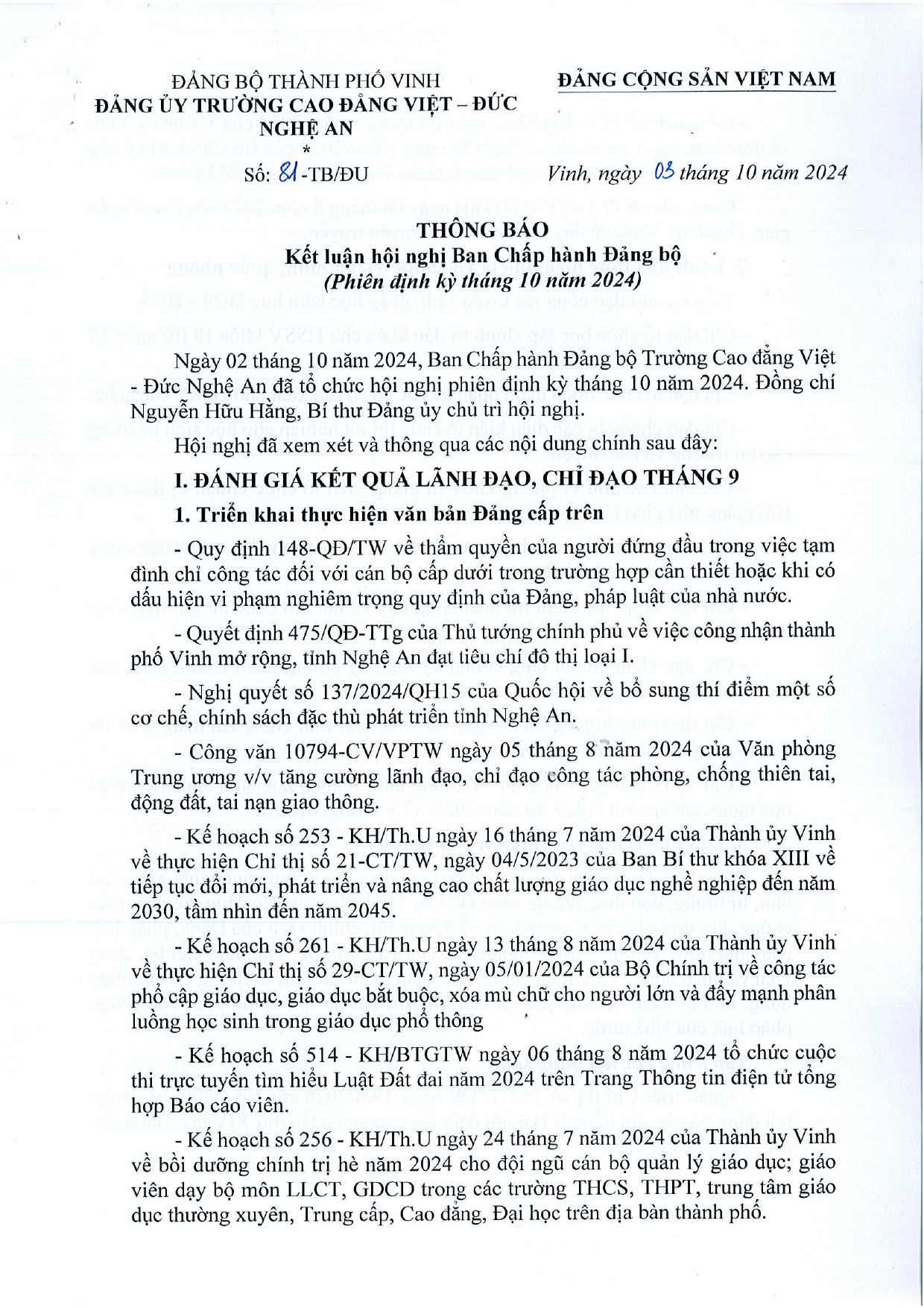 Thông báo số 81-TB/ĐU của Đảng ủy Trường Cao đẳng Việt - Đức Nghệ An kết luận Hội nghị Ban Chấp hành Đảng bộ, phiên định kỳ tháng 10 năm 20254