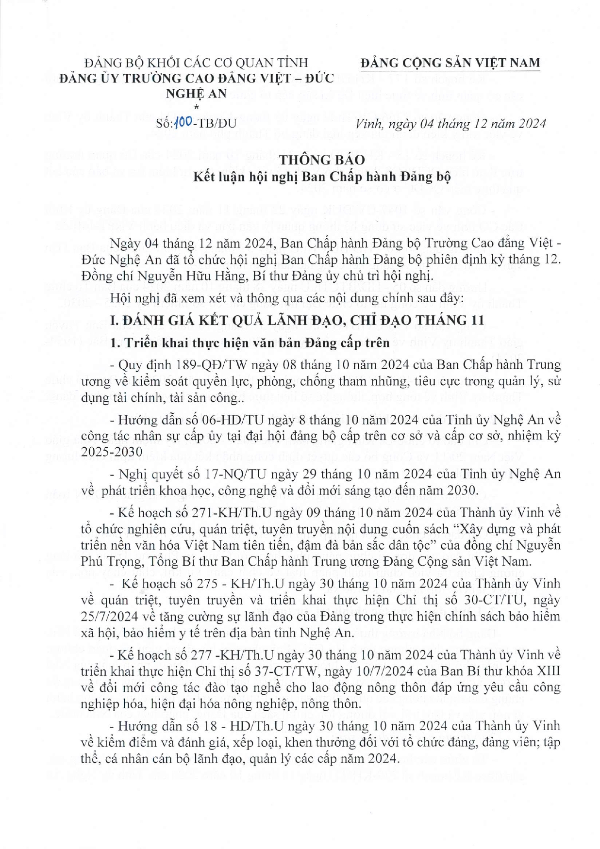 Thông báo số 100-TB/ĐU của Đảng ủy Trường Cao đẳng Việt - Đức Nghệ An về Kết luận Hội nghị Ban Chấp hành Đảng bộ