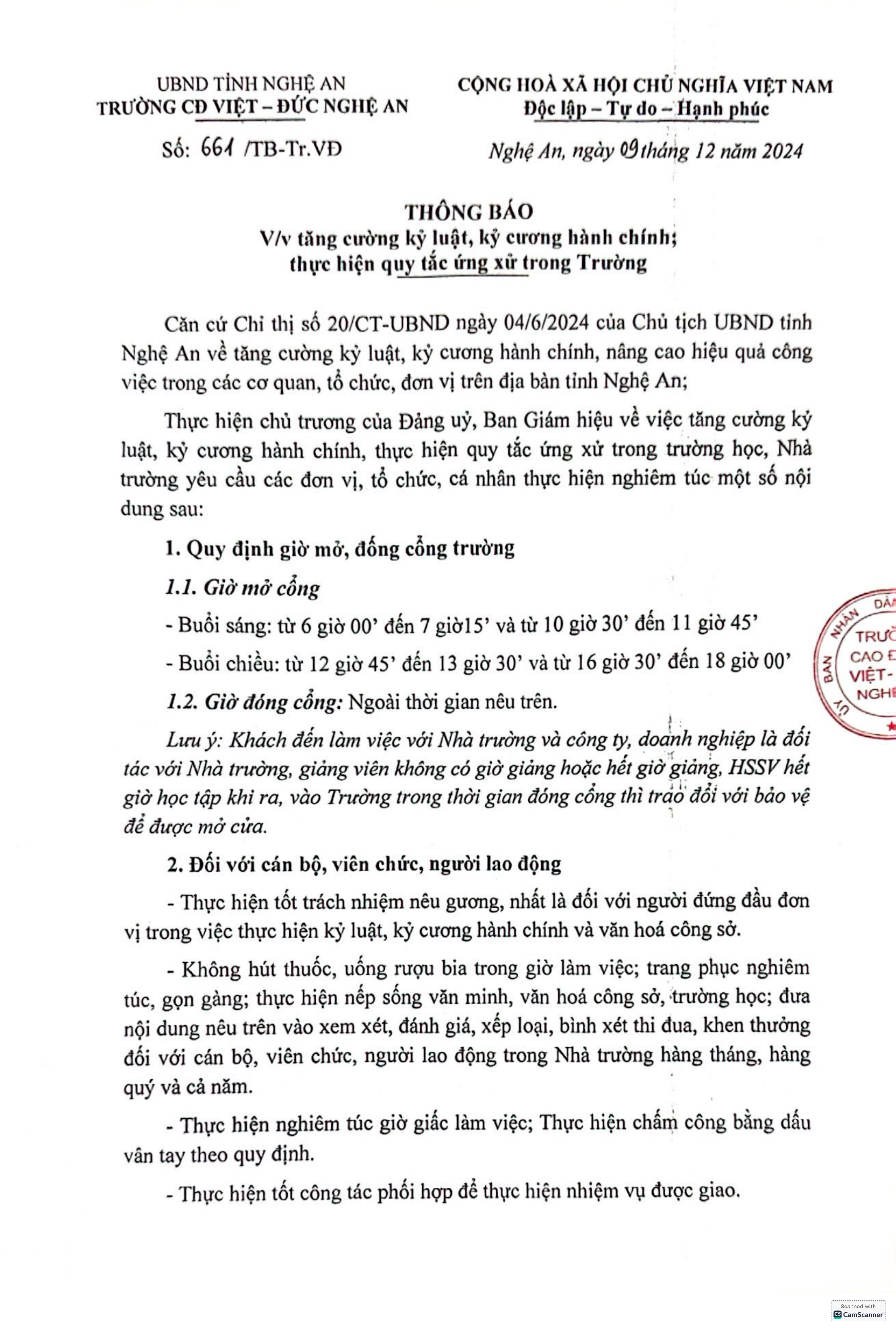 Thông báo số 661/TB-Tr.VĐ của Trường Cao đẳng Việt - Đức Nghệ An về việc tăng cường kỷ luật, kỷ cương hành chính, thực hiện quy tắc ứng xử trong trường