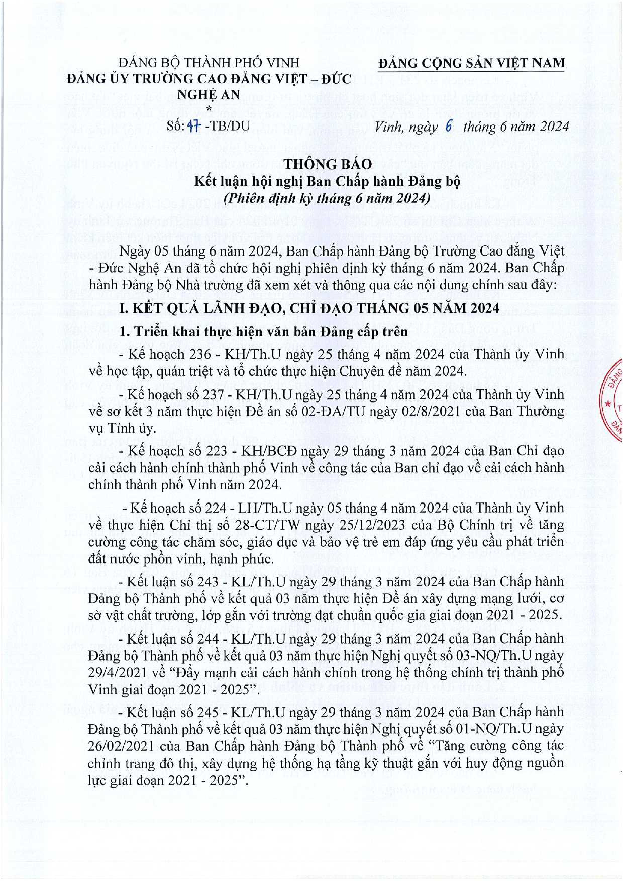 Thông báo số 47-TB/ĐU ngày 6/6/2024 của Đảng ủy Trường Cao đẳng Việt - Đức Nghệ An vv Kết luận Hội nghị Ban Chấp hành Đảng bộ (Phiên định kỳ tháng 6 năm 2024)