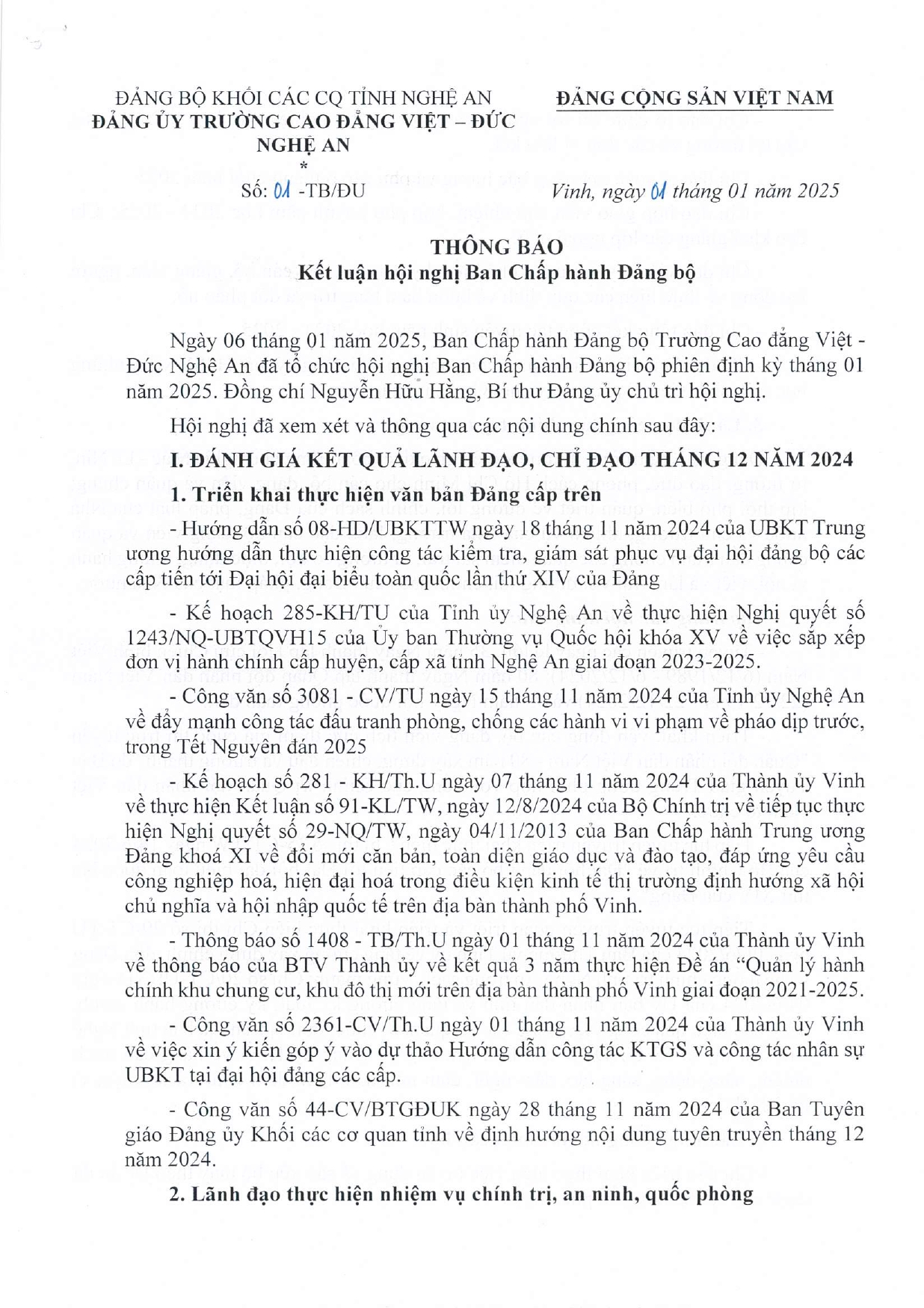   Thông báo số 01-TB/ĐU của Đảng ủy Trường Cao đẳng Việt - Đức Nghệ An Kết luận Hội nghị Ban Chấp hành Đảng bộ phiên định kỳ tháng 01 năm 2025 