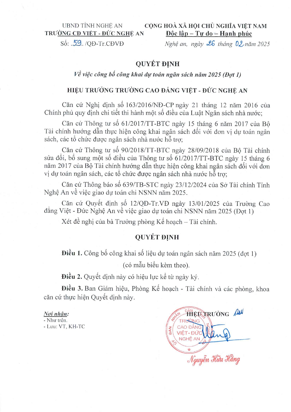   Quyết định số 59/QĐ-Tr.CĐVĐ của Trường Cao đẳng Việt - Đức Nghệ An về việc Công bố Công khai Dự toán ngân sách năm 2025 (Đợt 1)