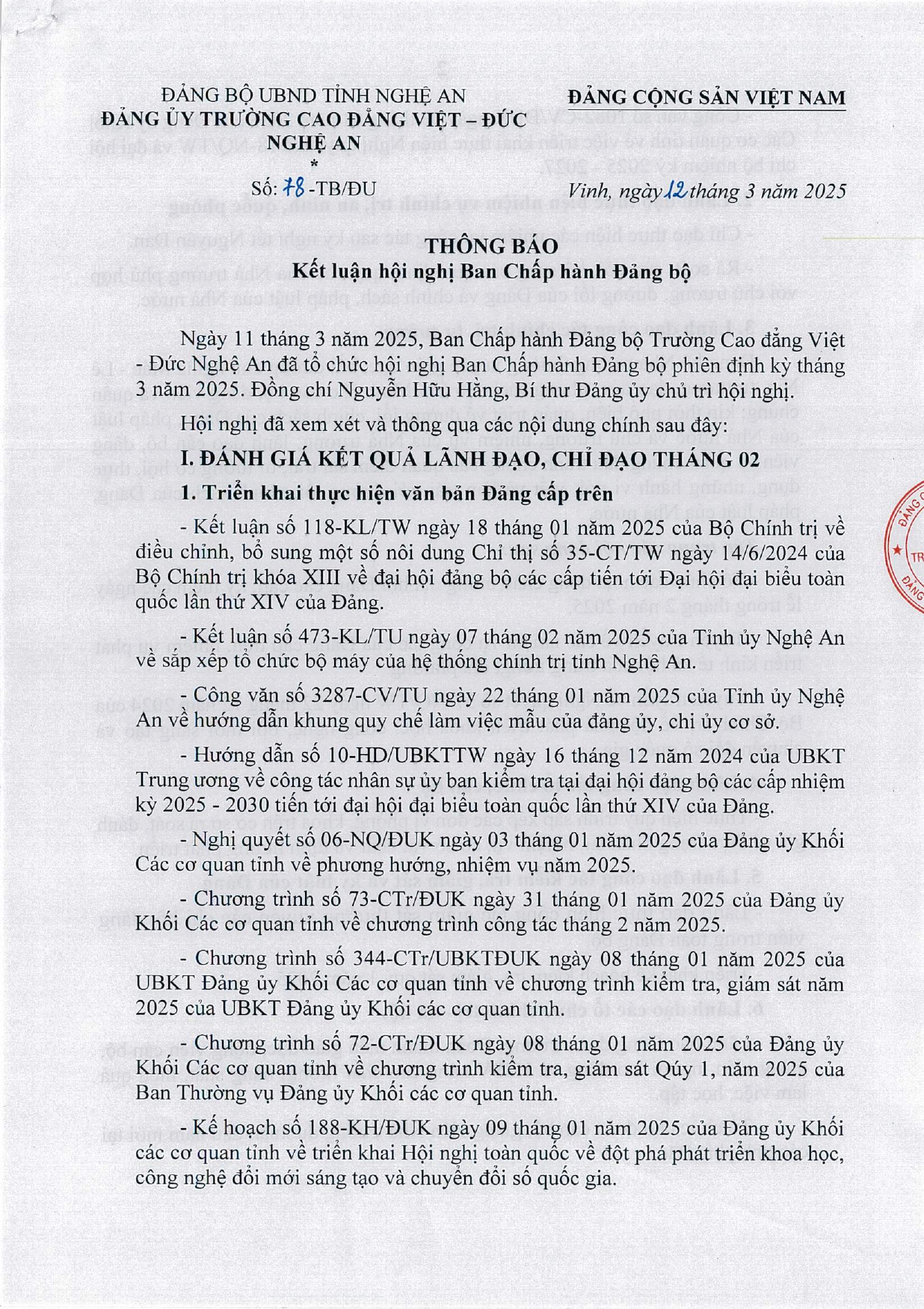 Thông báo số 78-TB/ĐU của Đảng ủy Trường Cao đẳng Việt - Đức Nghệ An Kết luận Hội nghị Ban Chấp hành Đảng bộ phiên định kỳ tháng 03 năm 2025