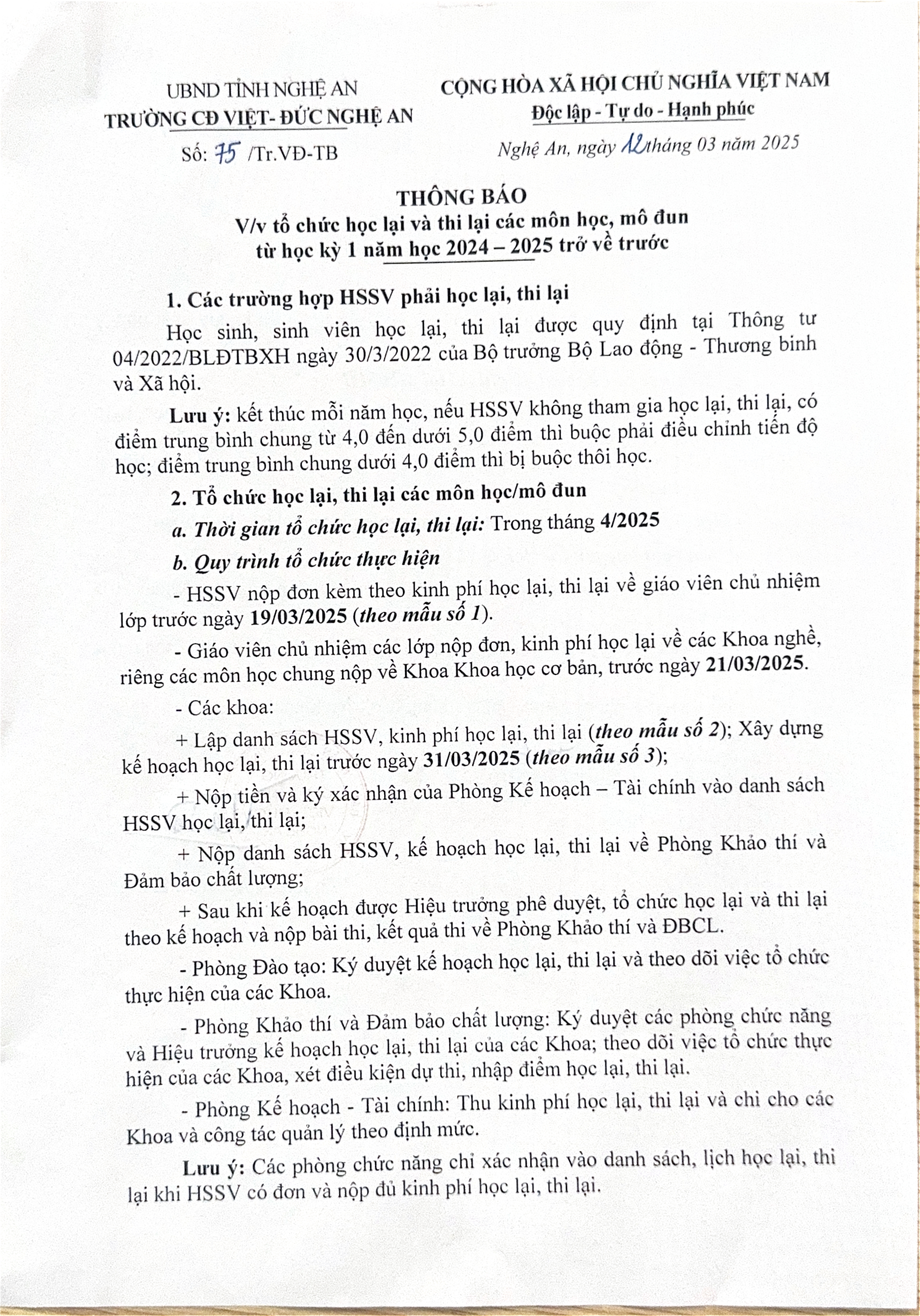 Thông báo số 75/Tr.VĐ-TB của Trường Cao đẳng Việt - Đức Nghệ An V/v Tổ chức học lại và thi lại các môn học, mô đun từ học kỳ 1 năm học 2024 - 2025 trở về trước