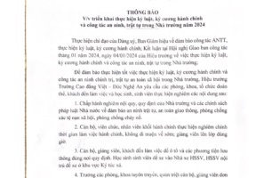 Thông báo v/v triển khai thực hiện kỷ luật, kỷ cương hành chính và công tác an ninh, trật tự trong Nhà trường năm 2024