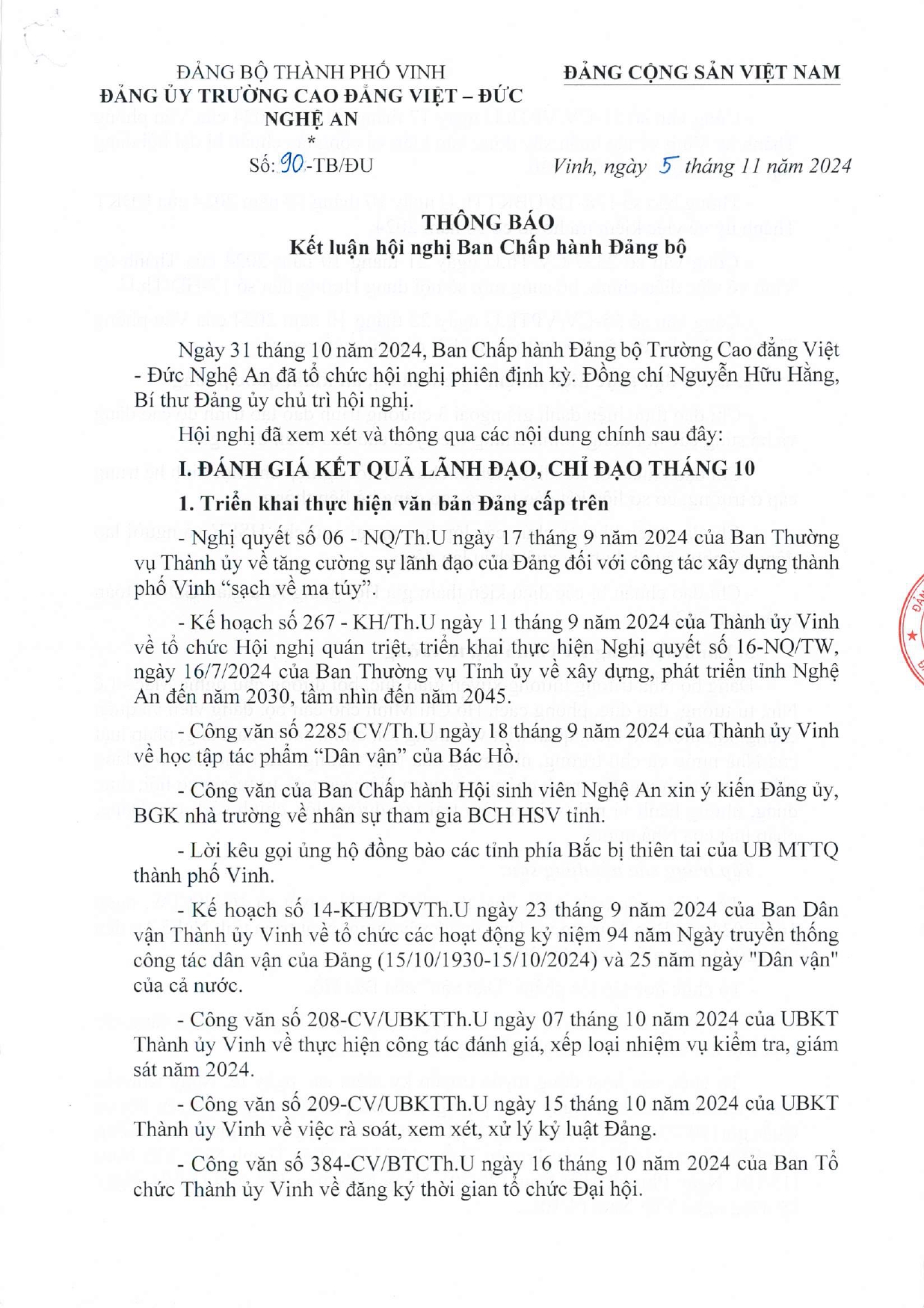 Thông báo số 90-TB/ĐU của Đảng ủy Trường Cao đẳng Việt - Đức Nghệ An về Kết luận Hội nghị Ban Chấp hành Đảng bộ phiên định kỳ tháng 11