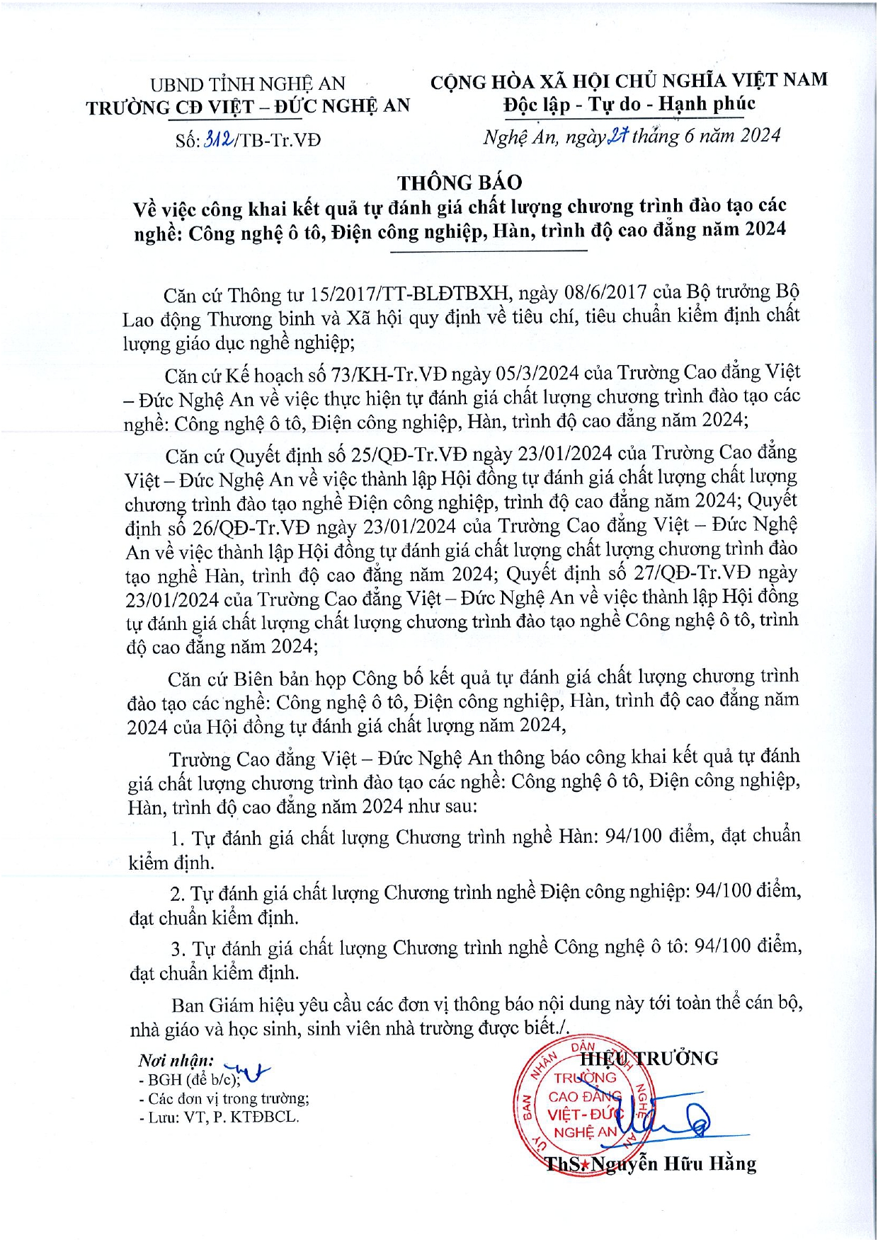 Thông báo số 312/TB-Tr.VĐ ngày 27/6/2024 của Trường Cao đẳng Việt - Đức Nghệ An về việc công khai kết quả tự đánh giá chất lượng chương trình đào tạo các nghề: Công nghệ ô tô, Điện công nghiệp, Hàn trình độ Cao đẳng năm 2024